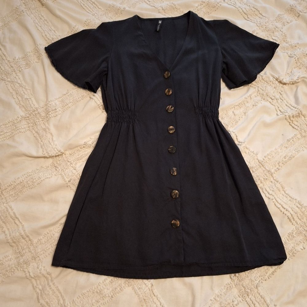 NAVY blue Zara dress cinched waist cap sleeve flare